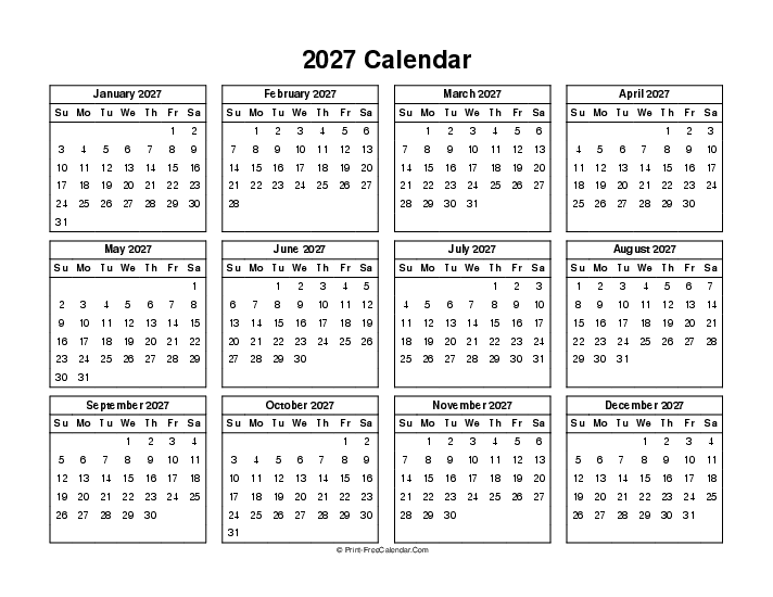 simple calendar 2027 sunday start landscape