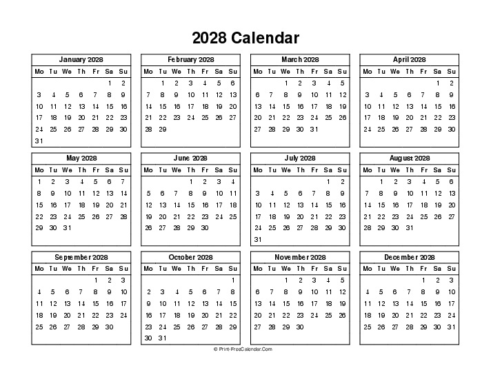 simple calendar 2028 landscape monday start