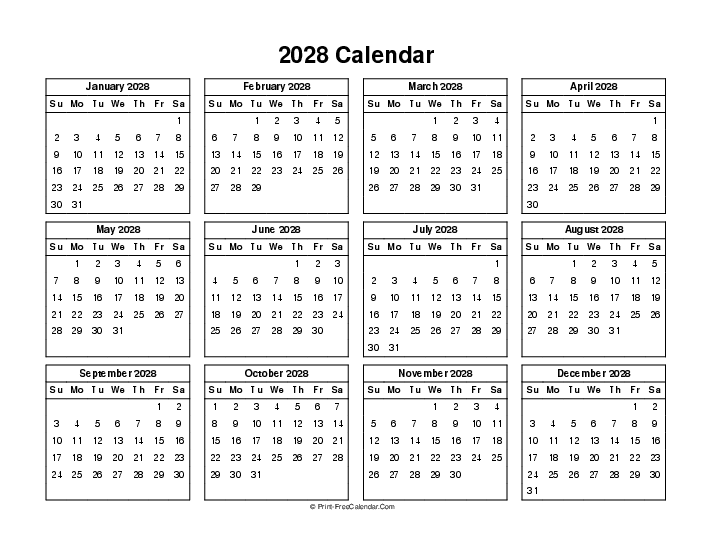 Simple Calendar 2028 Sunday Start, Landscape Layout