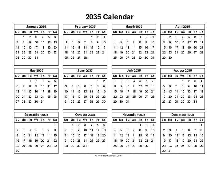 simple calendar 2035 sunday start landscape