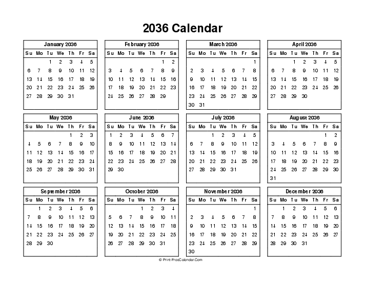 simple calendar 2036 sunday start landscape