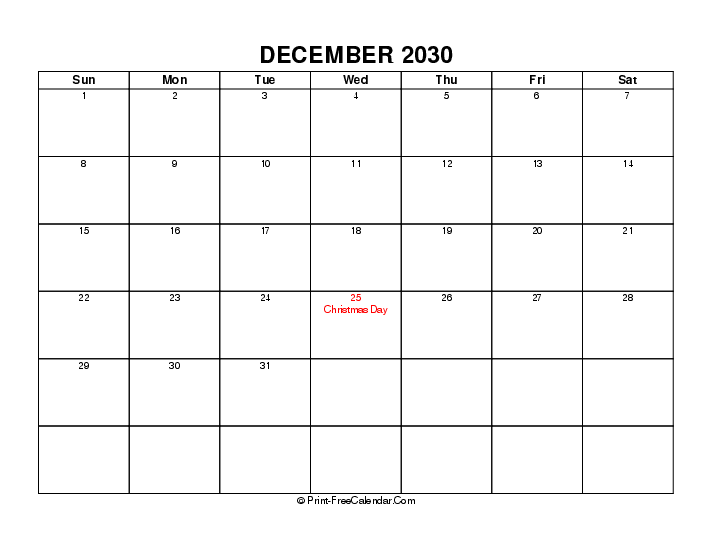 simple december calendar 2030 with usa holidays, week start on sunday, Landscape orientation