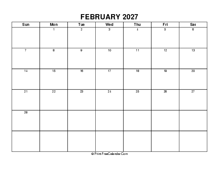 simple february calendar 2027 with uk-bank holidays, week start on sunday, Landscape orientation