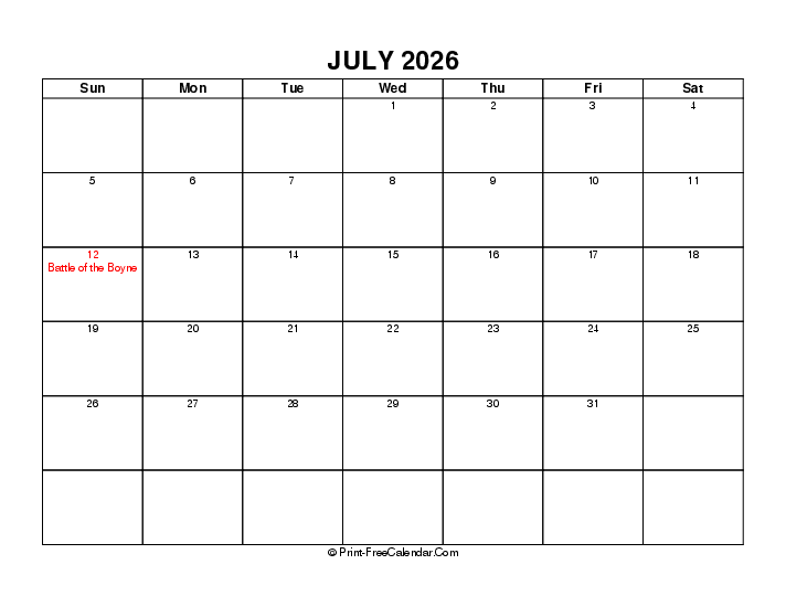 Simple July Calendar 2026 With Uk Bank Holidays Sunday Start, Landscape Layout