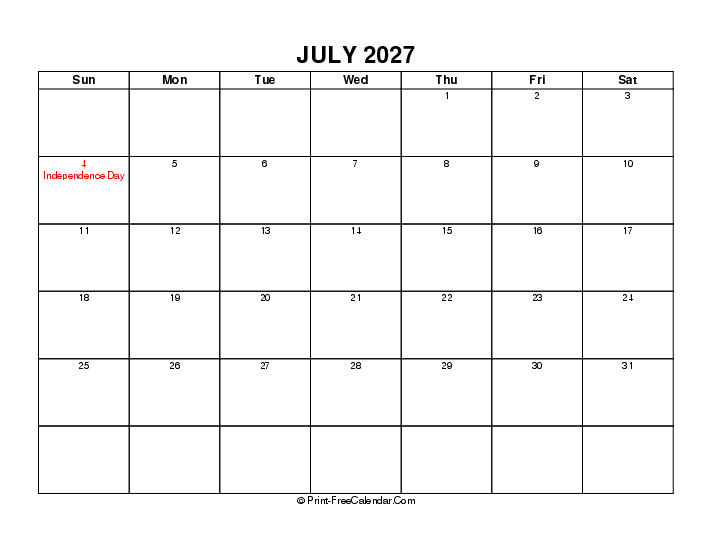 Simple July Calendar 2027 With Usa Holidays Sunday Start, Landscape Layout