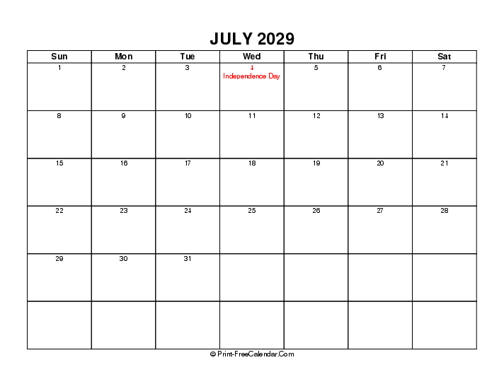 simple july calendar 2029 with usa holidays, week start on sunday, Landscape orientation