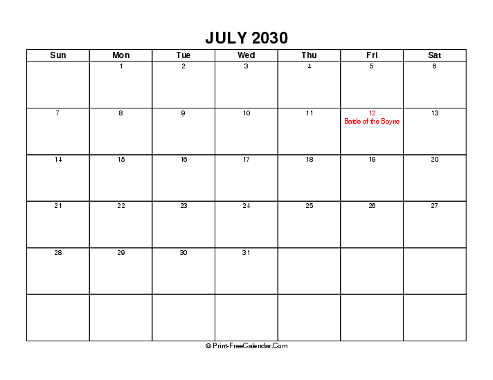 Simple July Calendar 2030 With Uk Bank Holidays Sunday Start, Landscape Layout