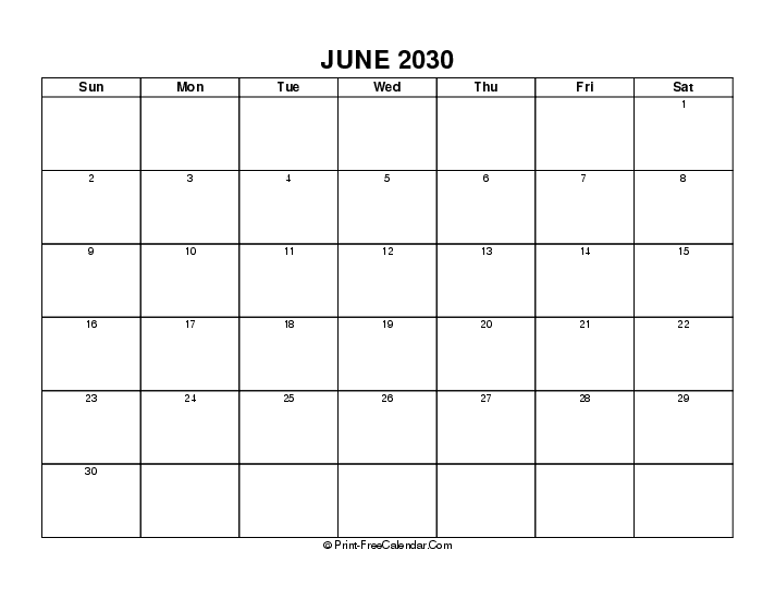 simple june calendar 2030 with usa holidays, week start on sunday, Landscape orientation
