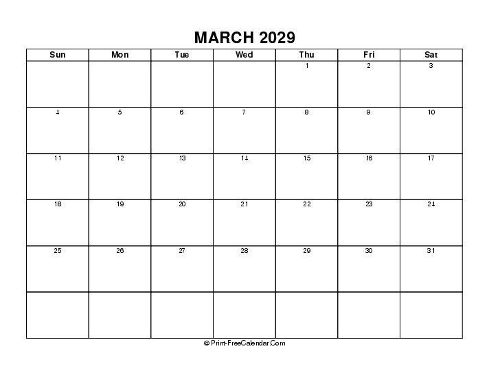 simple march calendar 2029 with usa holidays, week start on sunday, Landscape orientation