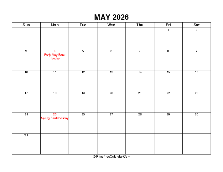 Simple May Calendar 2026 With Uk Bank Holidays Sunday Start, Landscape Layout