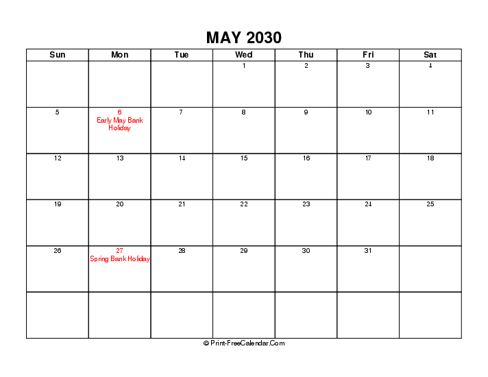 simple may calendar 2030 with uk-bank holidays, week start on sunday, Landscape orientation
