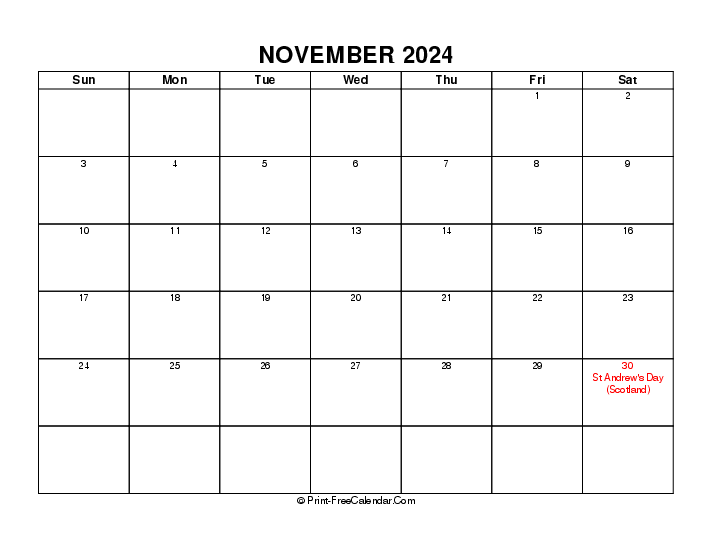 simple november calendar 2024 with uk-bank holidays, week start on sunday, Landscape orientation