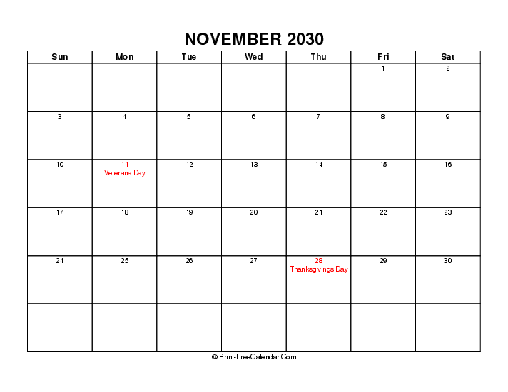 simple november calendar 2030 with usa holidays, week start on sunday, Landscape orientation