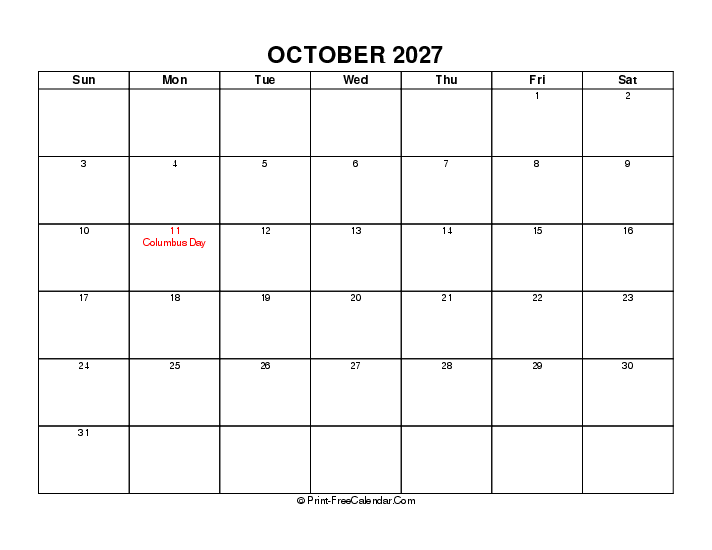 simple october calendar 2027 with usa holidays, week start on sunday, Landscape orientation