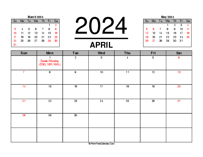 three month calendar april 2024 with uk-bank holidays, week start on sunday, Landscape orientation
