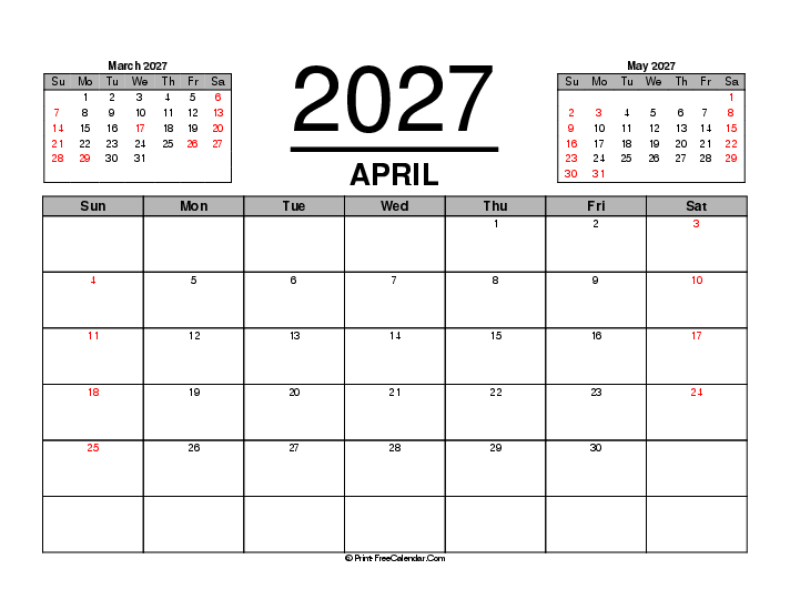 three month calendar april 2027 with uk-bank holidays, week start on sunday, Landscape orientation