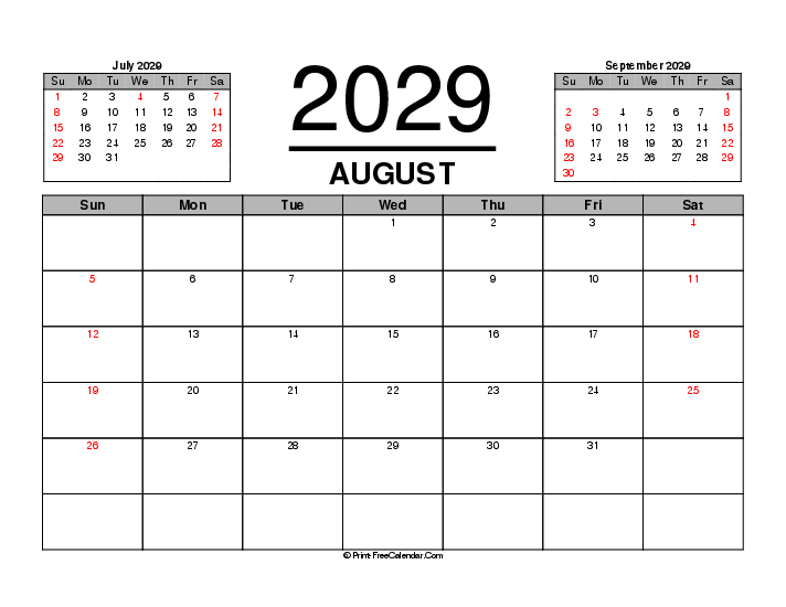 three month calendar august 2029 with usa holidays, week start on sunday, Landscape orientation