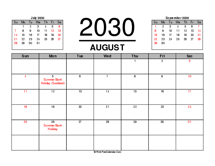 three month calendar august 2030 with uk-bank holidays, week start on sunday, Landscape orientation