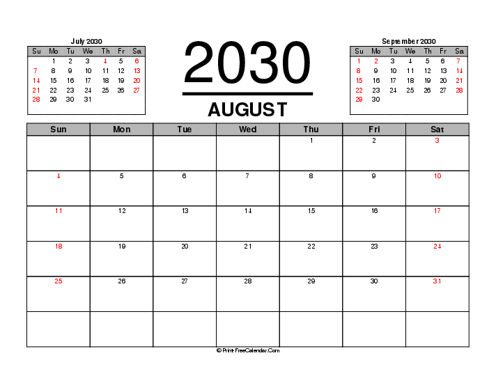three month calendar august 2030 with usa holidays, week start on sunday, Landscape orientation