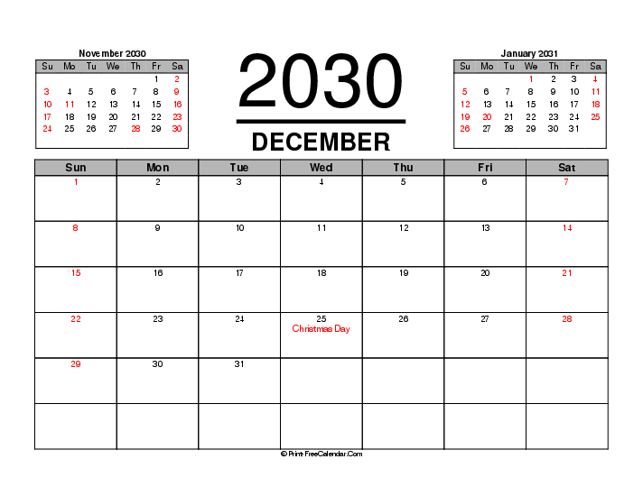 three month calendar december 2030 with usa holidays, week start on sunday, Landscape orientation
