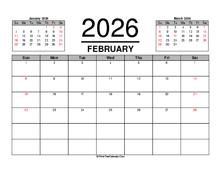 Three Month Calendar February 2026 With Uk Bank Holidays Sunday Start, Landscape Layout