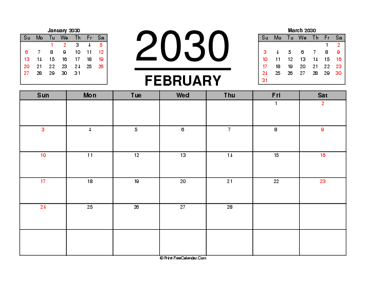 three month calendar february 2030 with uk-bank holidays, week start on sunday, Landscape orientation
