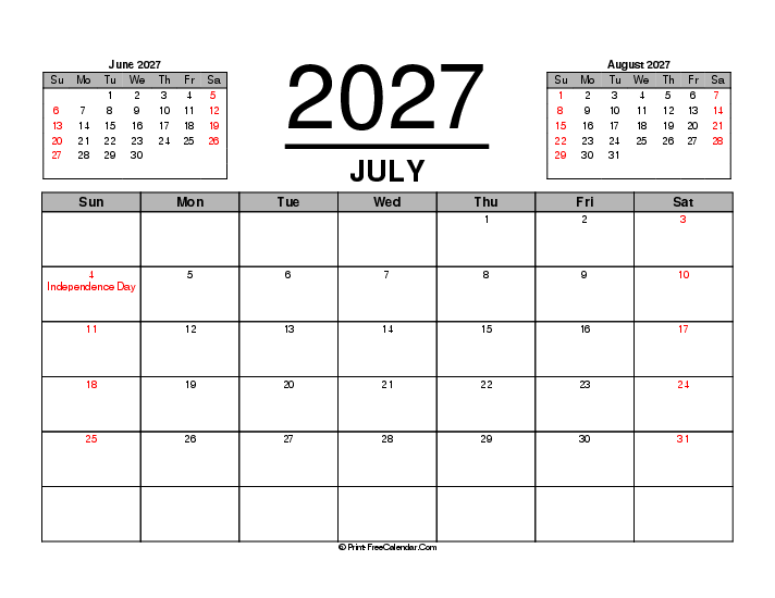 Three Month Calendar July 2027 With Usa Holidays Sunday Start, Landscape Layout