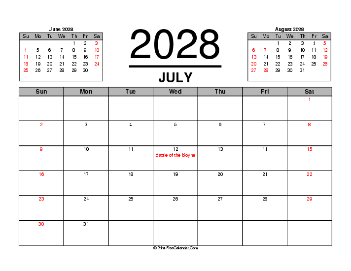 Three Month Calendar July 2028 With Uk Bank Holidays Sunday Start, Landscape Layout
