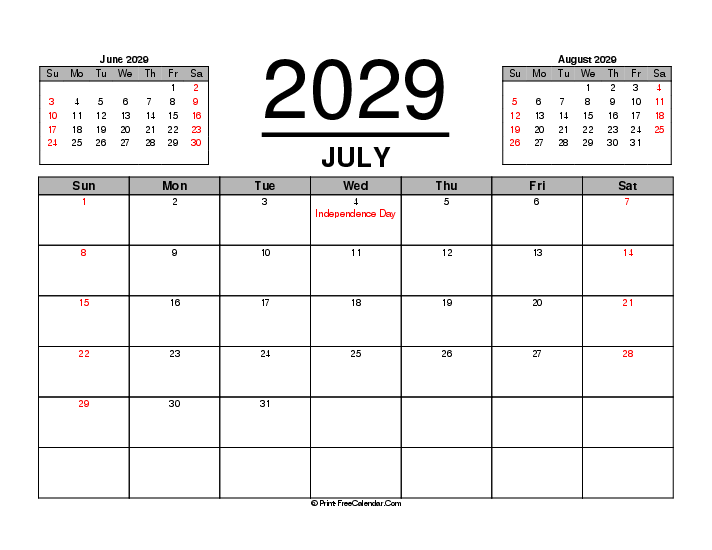 three month calendar july 2029 with usa holidays, week start on sunday, Landscape orientation