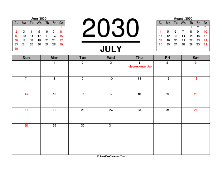 Three Month Calendar July 2030 With Usa Holidays Sunday Start, Landscape Layout
