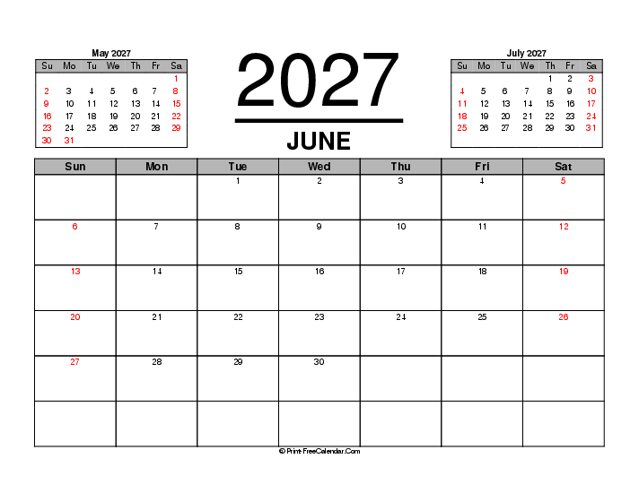 three month calendar june 2027 with usa holidays, week start on sunday, Landscape orientation