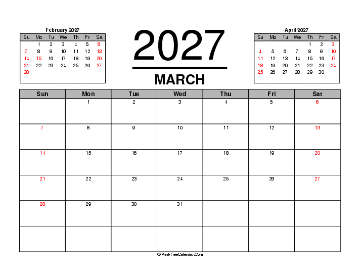 three month calendar march 2027 with usa holidays, week start on sunday, Landscape orientation