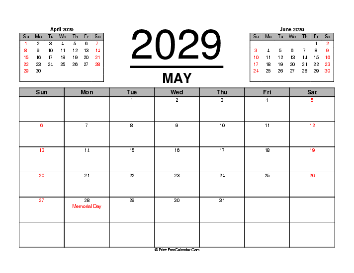 three month calendar may 2029 with usa holidays, week start on sunday, Landscape orientation