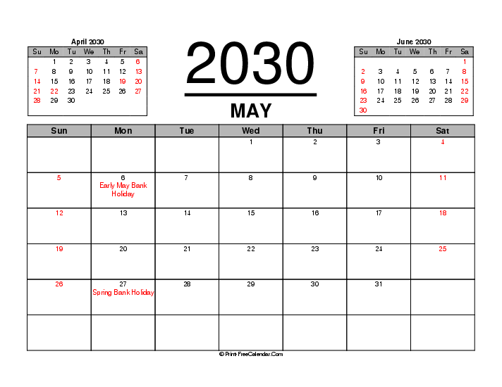 three month calendar may 2030 with uk-bank holidays, week start on sunday, Landscape orientation