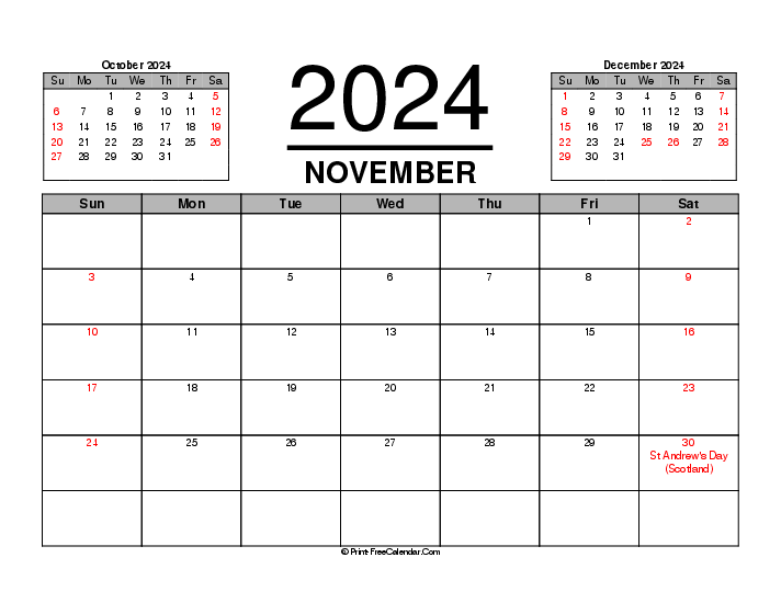 three month calendar november 2024 with uk-bank holidays, week start on sunday, Landscape orientation
