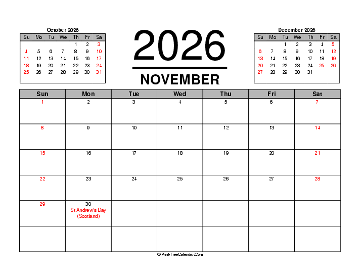 three month calendar november 2026 with uk-bank holidays, week start on sunday, Landscape orientation