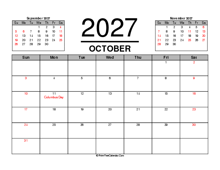Three Month Calendar October 2027 With Usa Holidays Sunday Start, Landscape Layout