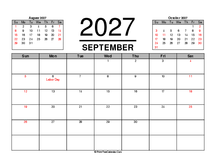 three month calendar september 2027 with usa holidays, week start on sunday, Landscape orientation
