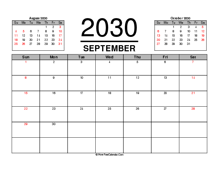 three month calendar september 2030 with uk-bank holidays, week start on sunday, Landscape orientation