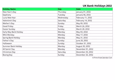 uk-bank holidays list 2032