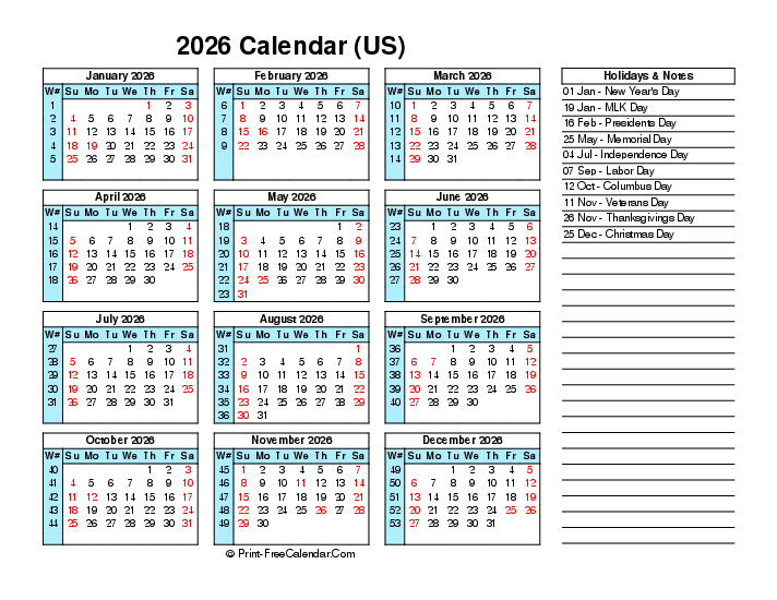 2026 USA Calendars With Holidays In PDF WORD EXCEL