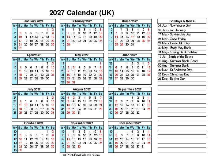 week number calendar 2027 with uk-bank holidays, week start on sunday, Landscape orientation