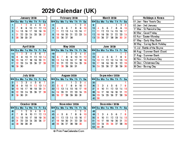 week number calendar 2029 with uk-bank holidays, week start on sunday, Landscape orientation