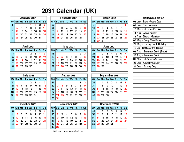 week number calendar 2031 with uk-bank holidays, week start on sunday, Landscape orientation