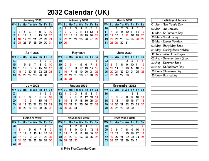 week number calendar 2032 with uk-bank holidays, week start on sunday, Landscape orientation
