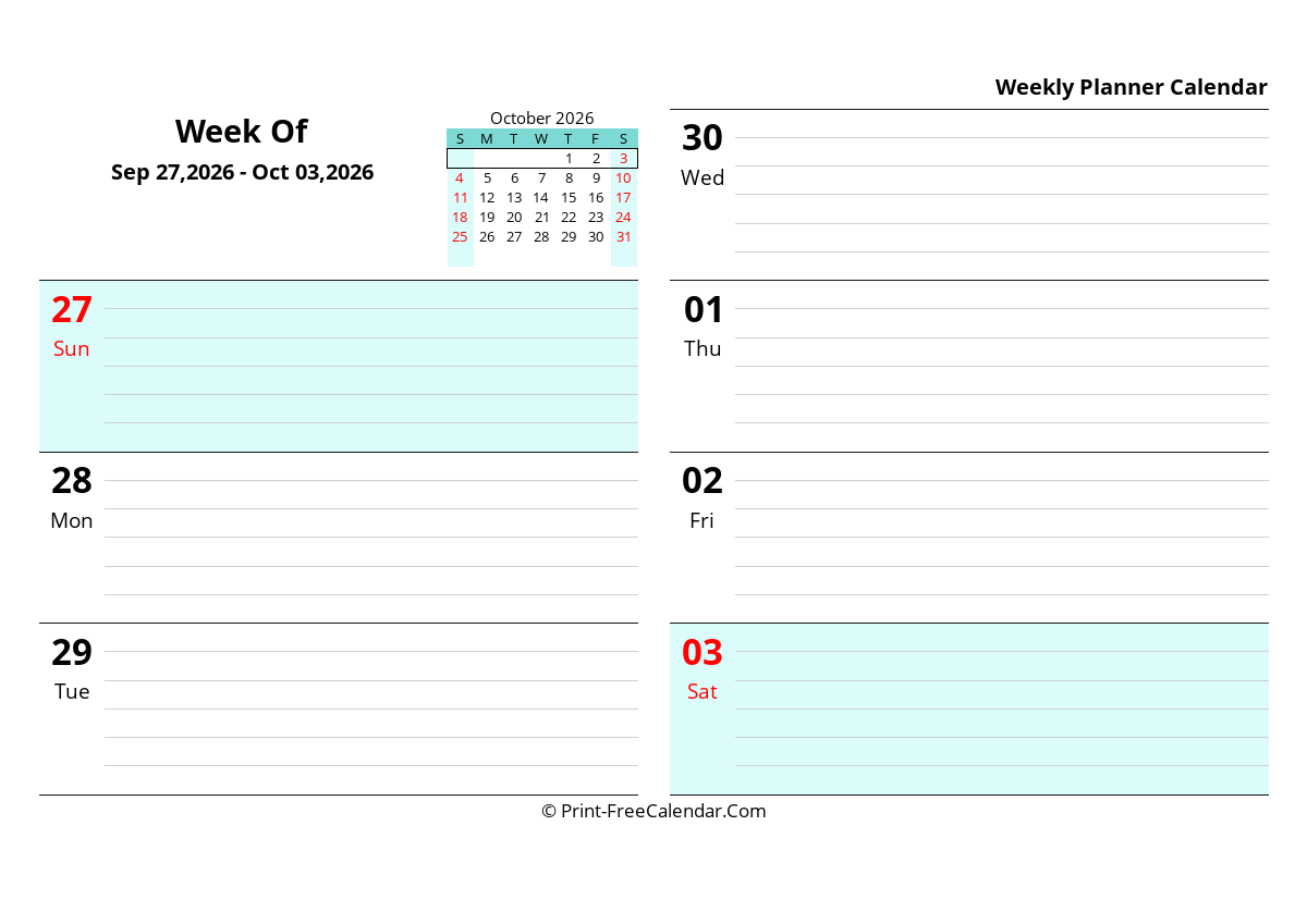 Weekly Calendar Template 2026 Week 40 Sep 27 2026 Oct 03 2026