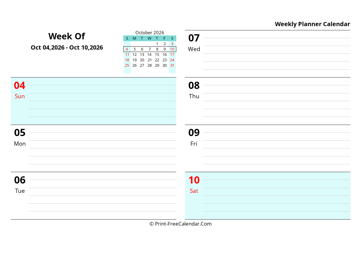Weekly Calendar Template 2026 Week 41 Oct 04 2026 Oct 10 2026