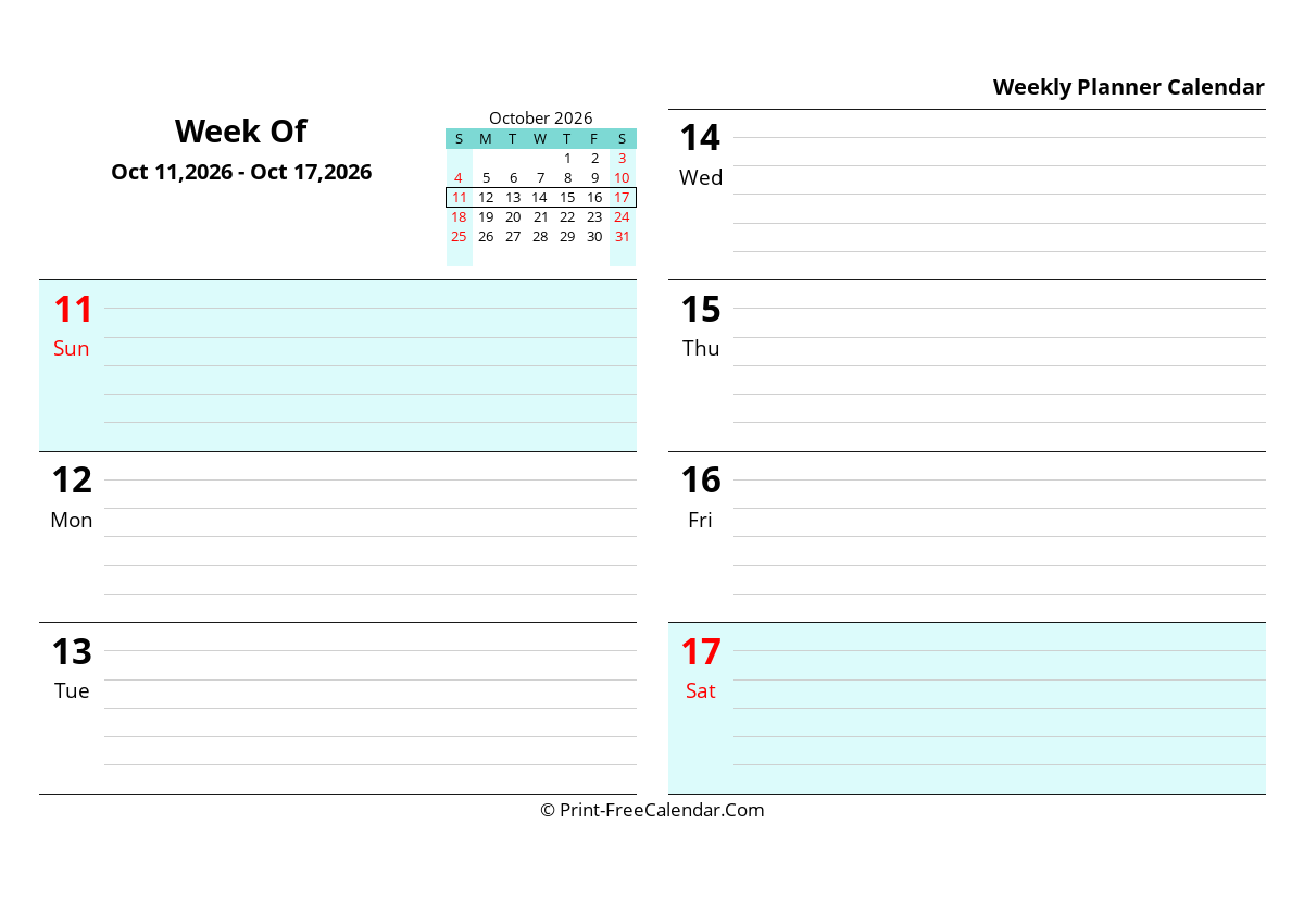 Weekly Calendar Template 2026 Week 42 Oct 11 2026 Oct 17 2026