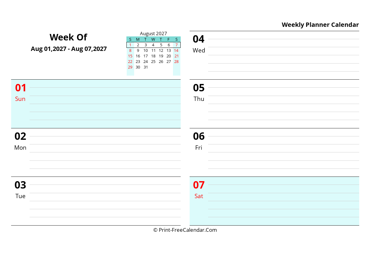 Weekly Calendar Template 2027 Week 32 Aug 01 2027 Aug 07 2027