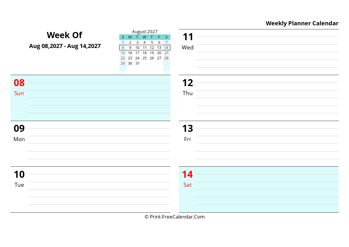Weekly Calendar Template 2027 Week 33 Aug 08 2027 Aug 14 2027